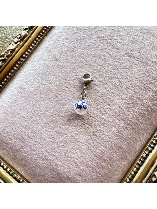 White Glass Pearl Charm With Blue Floral Print & Stainless Steel Lobster Clasp - Picture 10 of 10